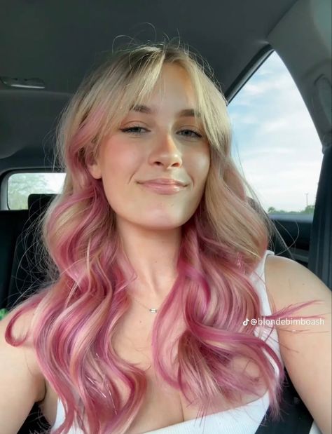 Blonde To Pink Balayage, Pink Tips On Blonde Hair, Ash Blonde And Pink Hair, Platinum Hair With Pink Highlights, Blonde With Pops Of Color, Hair Colour Ideas Pink, Blonde Hair Rainbow Highlights, Blonde Balayage With Pink Highlights, Blonde And Coloured Hair