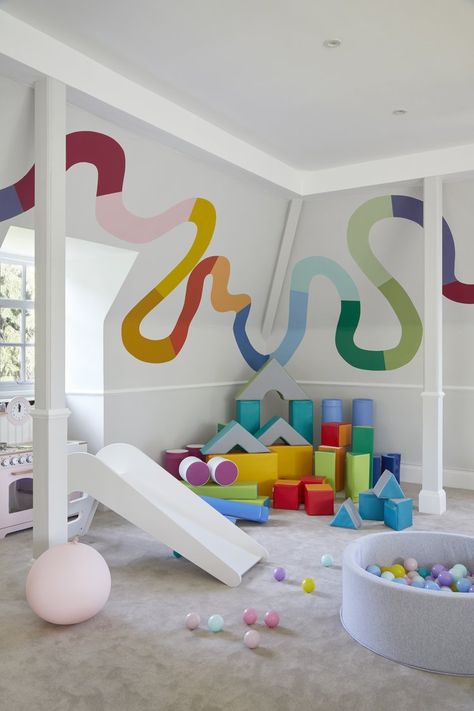 Rocking Bed, Playroom Mural, Indoor Playroom, Kindergarten Interior, Daycare Design, Colorful Playroom, Kids Interior Design, Toddler Playroom, Sensory Room