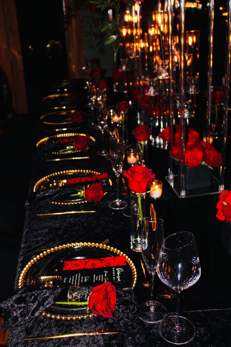 Red And Black Tablescapes, Red Black And Gold Formal Dinner, Red And Black Formal Party Decorations, Red Gold Black Sweet 16, Red Black And Gold Birthday Theme, Red And Black Banquet Decor, Red And Black Dinner Party Ideas, All Black Party With Red Roses, Red Black And Gold Dinner Party