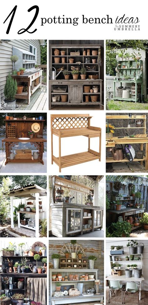 Who's ready for Spring?! Check out these gorgeous rustic garden potting bench ideas for a little bit of inspiration for this coming season. MUST PIN! Rustic Potting Benches, Garden Diy Decoration Ideas, Garden Potting Bench, Potting Bench Ideas, Outdoor Potting Bench, Planter Bench, Potting Tables, Potting Table, Bench Ideas