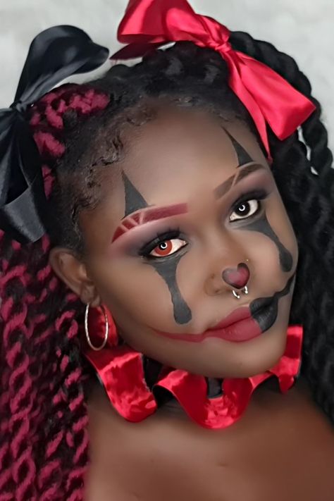 Clown makeup for dark skin Red Black And White Clown Makeup, Black White And Red Clown Makeup, Clown Makeup With Rhinestones, Clown Lipstick, Kids Clown Makeup, Red And Black Clown Makeup, Black Clown Makeup, Female Clown Makeup, Red Clown Makeup