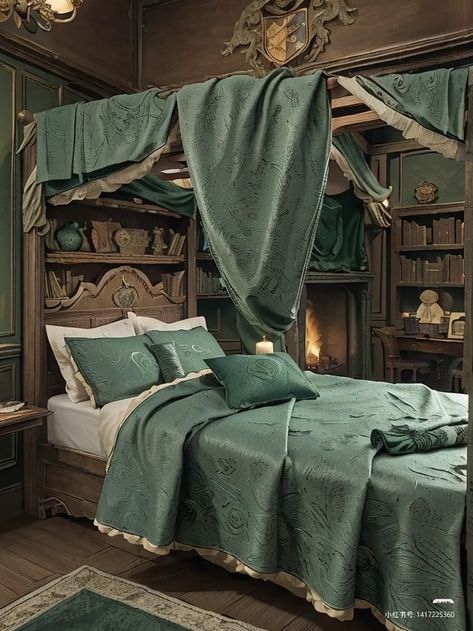 Hogwarts Dorm Slytherin, Hogwarts Room Ideas Shifting, Slytherin Dormitory Aesthetic, Dorm Room Slytherin, Hogwarts Dorm Room Slytherin, Slytherin Dorm Room Hogwarts Legacy, Slytherin Dorm Room Aesthetic, Slytherin Dorm Room Ideas, Slytherin Dorm Aesthetic