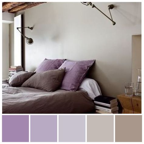 Love these colours! Purple Chroma Reduction colour palette with grey and tinted caramel brown. Hues reduced with grey create a subtle ‘Shadow’ palette and these often have a calm, subdued feel, depending on contrast levels. Colour reduction is when the intensity or purity of a hue is reduced by adding white (tints), another hue (contrasting hue), black or grey. Chroma reduction illustration by Zena O’Connor. Purple And Brown Bedroom, Brown Bedroom Colors, Bedroom Loft Ideas, Lavender Bedroom, Indian Bedroom Decor, Bedroom Color Combination, Brown Rooms, Purple Mauve, Purple Rooms