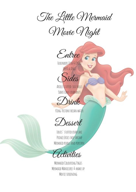 Ariel Movie Night, Little Mermaid Themed Dinner, Little Mermaid Dinner And A Movie, Little Mermaid Movie Night, Mermaid Movie Night, Disney Movie Themed Dinner, Disney Meals, Family Movie Night Themes, Disney Movie Night Menu