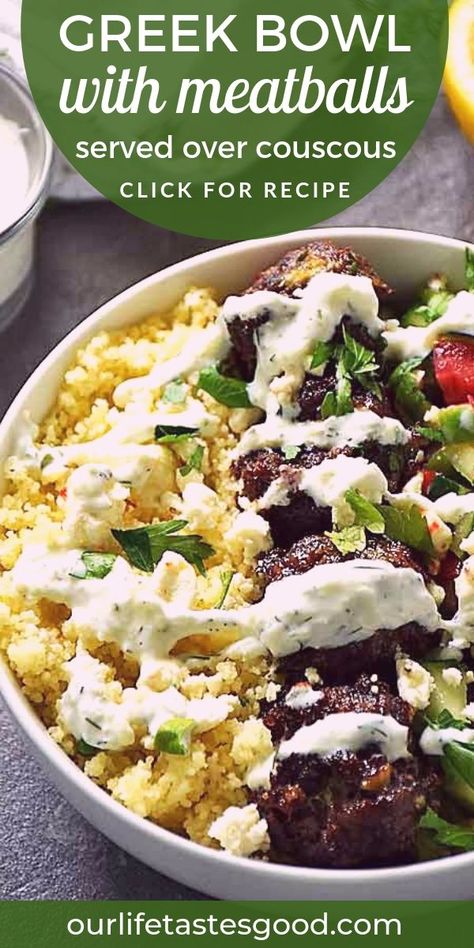 Ground Beef Greek Bowl, Greek Beef Bowl, Greek Meatball Bowl, Greek Bowl Recipe, Greek Bowls, Greek Bowl, Mediterranean Meatballs, Mediterranean Bowls, Mediterranean Foods