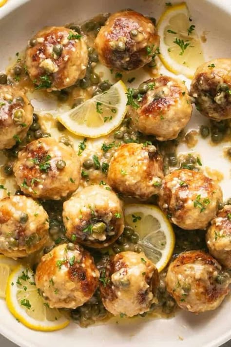 Lemon Dijon Chicken Meatballs, Chicken Franchise Meatballs, Lite Meals For Summer, Chicken Piccata Meatballs Allrecipes, Crispy Chicken Piccata, Chicken Piccata Slow Cooker, Lemon Meatballs, Meatball Meals, Chicken Piccata Meatballs