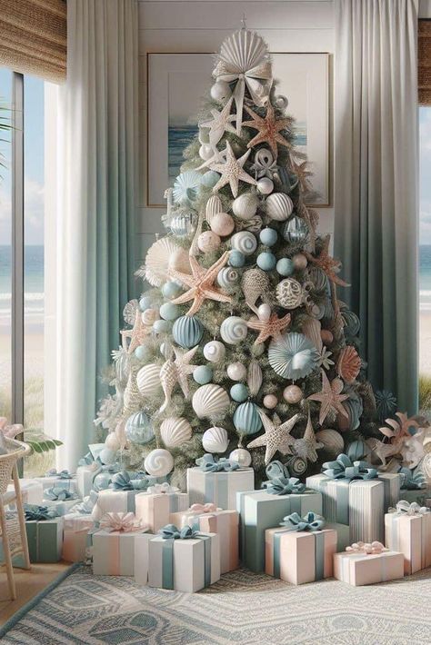 Christmas Tree Ideas Elegant, Trendy Christmas Trees, Christmas Tree Colour Scheme, Elegant Christmas Tree Decorations, Christmas Tree Decorating Tips, Beach Christmas Trees, White Christmas Tree Decorations, Christmas Tree Decorating Ideas, Coastal Christmas Tree