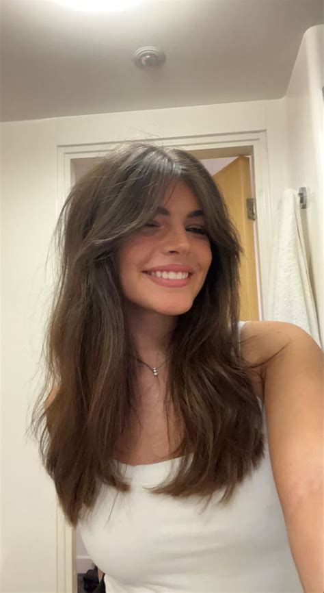 Hair Cuts Ideas Curtain Bangs, Curtain Bangs With Layers Dark Hair, Long Layers With Curtain Bangs Medium, Curten Bangs Hair, Curtain Bangs Blended Layers, Chest Length Hair With Curtain Bangs, Brunette Haircut Ideas Long, Curtain Bangs That Cover Forehead, Hair Cut With Curtain Bangs For Girl