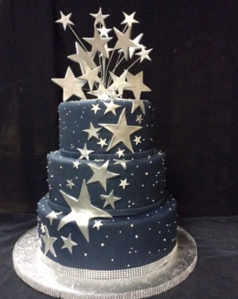 Blue Star Themed Party, Starry Sweet 16, Night Under The Stars Birthday Party, Desert Tables For Birthday, Moon And Stars Sweet 16 Theme, Navy Blue Sweet 16 Cake, Sweet Sixteen Under The Stars Theme, Star Theme Sweet 16, Starry Night Birthday Cake