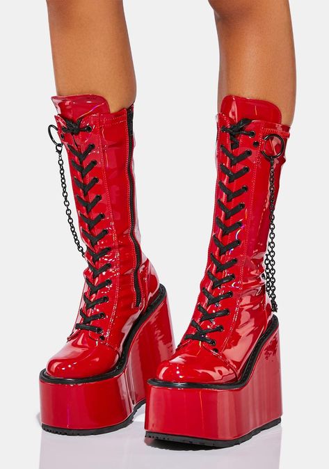 Red Platform Boots, Galaxy Boots, Bratz Boots, Shoes Platform Boots, Oc Things, Red Holographic, Platform Shoes Boots, Demonia Boots, Pop Shoes