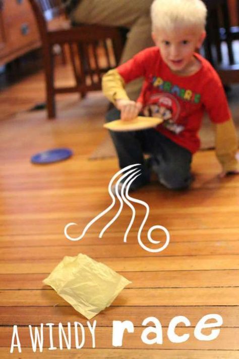 This fun activity doesn’t require much explanation. But it’s fun nonetheless. You’ll need paper plates and tissue paper. And something to mark as a goal. We used a dining room chair and underneath it was the goal.  But anything can be used – a clothes basket, table, anything that gives them something to aim for. The … Weather Activities For Toddlers, Weather Activities Preschool, Paper Games For Kids, Weather Activities For Kids, Preschool Weather, Gross Motor Activity, Weather Crafts, Weather Theme, Indoor Games For Kids