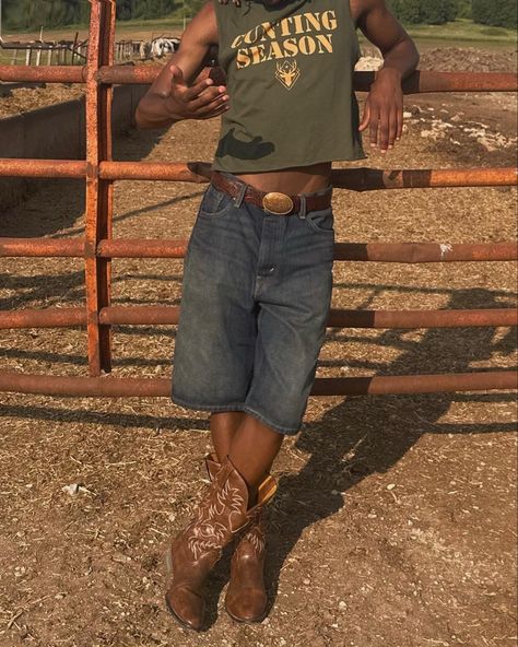 Cowboy Boots With Jorts Men, Country Outfit For Men, Cowboy Boot Mens Outfit, Cow Boy Boots Outfit Men, Men Boot Outfit, Man Cowboy Outfit, Men’s Outfit Ideas With Cowboy Boots, Camp Outfits Men, Stampede Outfit Men