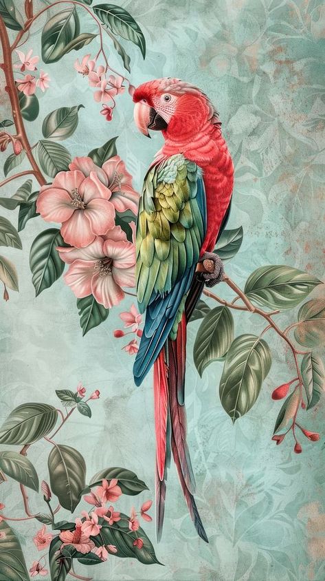 Wallpaper parrot clothing apparel animal. | free image by rawpixel.com / Tanat Chittirungsan Chair Renovation, Parrot Wallpaper, Wall Art Panel, Watercolor Art Face, Parrots Art, Tropical Parrot, Vintage Tropical, Fabric Wall Art, Nature Art Painting