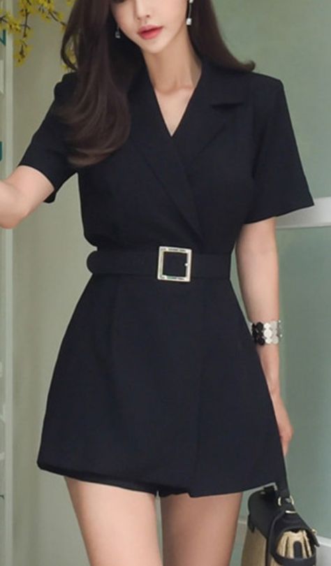 One Piece Dress For Office Wear, Black Formals Woman, Formal One Piece Dress For Office, Elegant Formal Dresses Korean, Classy Outfits For Women Black, Black Fashion Outfits Classy, Office Dress Black Women, Shorts And Coat Outfit, Dresses For Office Work Wear