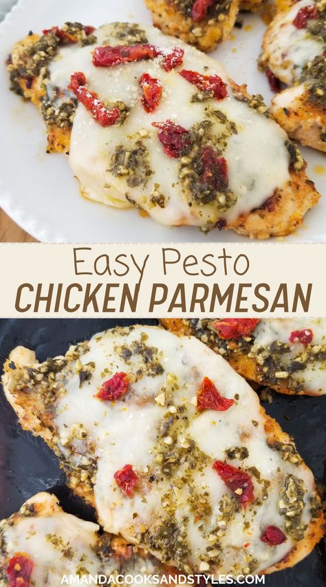 Pesto Chicken Parmesan – Delicious crispy parmesan chicken with pesto sauce, melty mozzarella cheese and sun-dried tomatoes. This easy pesto chicken dinner recipe is cooked on the stovetop and is done in under 30 minutes! Pesto Chicken Dinner, Chicken With Pesto Sauce, Pesto Chicken Bake, Spinach Artichoke Recipes, Easy Pesto Chicken, Chicken With Pesto, Crispy Parmesan Chicken, Tomato Pesto Chicken, Pesto Mozzarella Chicken