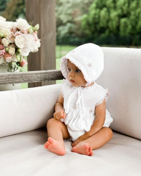 The sweetest bebe in our Secret Garden Romper and Bonnet! 🌸 Look at that exquisite hand-embroidery! | Instagram French Baby Clothes, Anna Wilson, Baby Girl Style, Baby Girl Bonnet, Kids Goals, French Kids, Newborn Bonnet