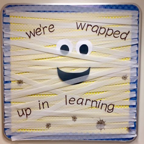 "Mummy" bulletin board for October. I used 2 rolls of white streamers for the mummy wrap.   #October #Halloween #Mummy #BulletinBoard #RA #Learning #School #College #Fun #Craft Mummy Bulletin Board, Halloween Classroom Door, October Bulletin Boards, Halloween Classroom Decorations, Elementary Bulletin Boards, Mummy Wrap, Cute Bulletin Boards, Halloween Bulletin Boards, Teacher Bulletin Boards