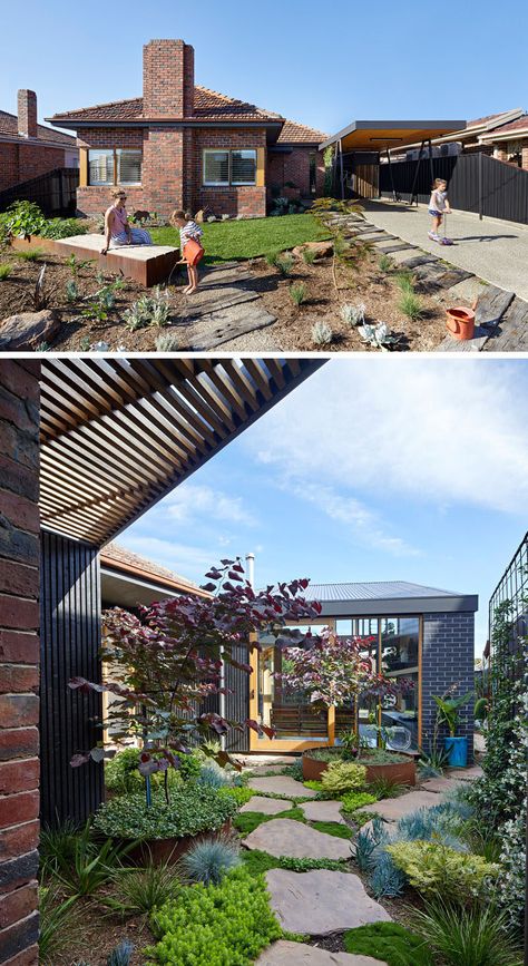 The original 1960s brick house has a new carport and a pathway that connects to a new addition. #Landscaping #Garden Australian Garden Design, Landscape Layout, Front Yard Landscape, Landscaping Software, Yard Landscape, Australian Garden, Native Garden, Australian Homes, Garden Tips