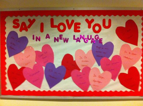 My February Bulletin Board. Each heart says "I Love You" and the language it is in. Cute and colorful! February Bulletin Board Ideas, February Bulletin Boards, Valentine Bulletin Boards, Science Bulletin Boards, Valentines Day Bulletin Board, Work Bulletin Boards, Bullentin Boards, Ra Bulletins, Ra Boards