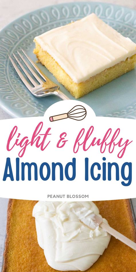 This easy almond icing takes just 5 minutes to make and is thick enough to spread onto a prepared sheet cake, bundt cake, or cupcakes. Almond Cake Frosting Recipe, Almond Glaze Icing, Almond Cream Cheese Frosting, Almond Frosting For Cupcakes, Almond Frosting For Cake, Almond Cake Frosting, Pound Cake Icing Recipe, Almond Icing Recipe, Cake Glaze Icing