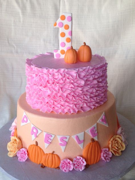 Autumn pink and pumpkin birthday cake from Frosting Pumpkin Baby Shower Invitations, Halloween Pumpkin Cake, Pumpkin Patch Birthday, Fall 1st Birthdays, Pumpkin Birthday Parties, Pumpkin 1st Birthdays, Pumpkin First Birthday, Fall Birthday Parties, 1st Birthday Cakes