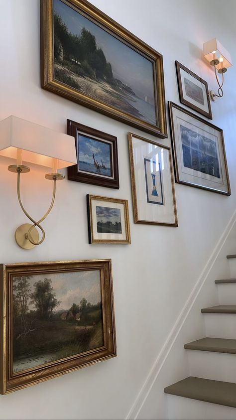 Stairway Gallery Wall Layout, Stairway Gallery, Stairway Gallery Wall, Moody Home Decor, Boston House, Wall Layout, Gallery Wall Layout, Dream Future, Cottage Aesthetic