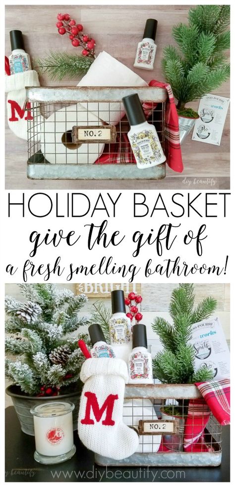 #ad #MerrySpritzmas Keep the stink out of your bathroom this holiday season with a festive guest basket filled with Poo~Pourri® products! Find out more at diybeautify! Bathroom Gift Ideas, Bathroom Gift Basket Ideas, Winter Gift Basket, Guest Basket, Holiday Bathroom, Holiday Baskets, Bathroom Gifts, Christmas Soap, Cleaning House