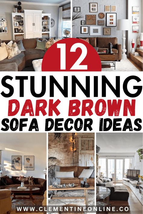 Brown Sofa Decor Ideas, Chocolate Brown Couch Living Room Ideas, Dark Brown Living Room Furniture, Dark Brown Sofa Living Room, Brown Sofa Decor, Brown Couch Pillows, Chocolate Brown Couch, Dark Leather Couches, Dark Brown Sofa