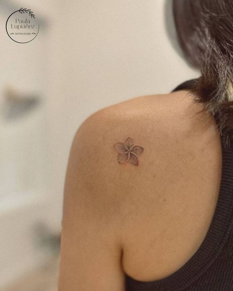 Small Dainty Shoulder Tattoos, Kalachuchi Flower Tattoo, Small Flower Tattoo On Shoulder, Colombian Flower Tattoo, Plumeria Alba Tattoo, Plumeria Shoulder Tattoo, Patch Arm Tattoos For Women, Tiny Plumeria Tattoo, Small Tropical Flower Tattoo