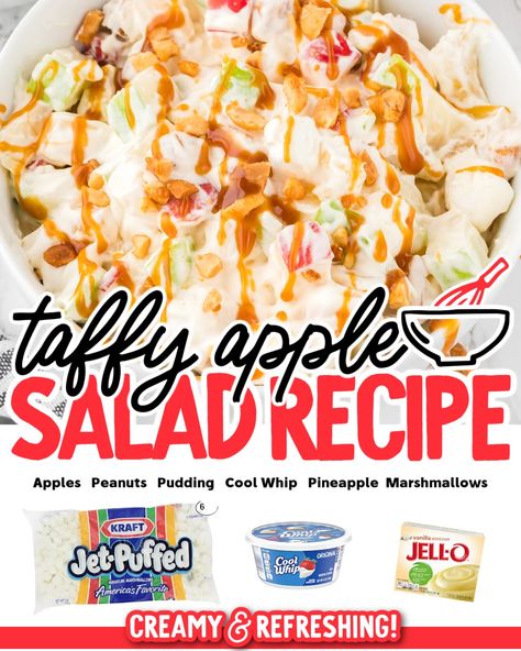 Apple Taffy Salad, Carmel Apple Pretzel Salad, Taffy Apple Salad Recipe, Taffy Apple Salad, Marshmallow Salad, Apple Pretzels, Caramel Apple Salad, Taffy Apple, Tart Flavors