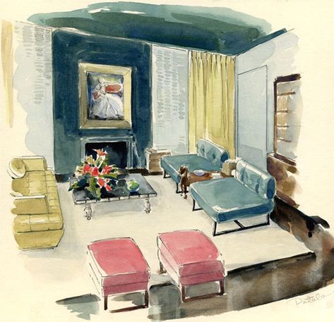 Midcentury Modern Interior Design, Interior Design Renderings, Interior Design Sketches, Interior Sketch, Mid Century Modern Interiors, Interior Rendering, Big Thing, Chic Living, Wallpaper Collection