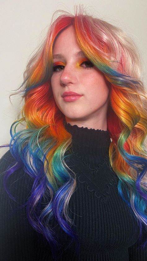 Dark Colorful Hair Ideas, Rainbow Hair Sectioning, Rainbow Peek A Boo Hair, Bright Rainbow Hair, Rainbow Hair Peekaboo, Rainbow Peak A Boo Highlights, Rainbow Ghost Roots, Primary Color Hair, Rainbow Peekaboo Hair Dark Brown