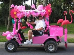 FLAMINGO GOLF CART. WOW Pink Golf Cart, Golf Cart Decorations, Crater Lake Oregon, Custom Golf Carts, Flamingo Theme, Flamingo Decor, Flamingo Birthday, Flamingo Art, Flamingo Party