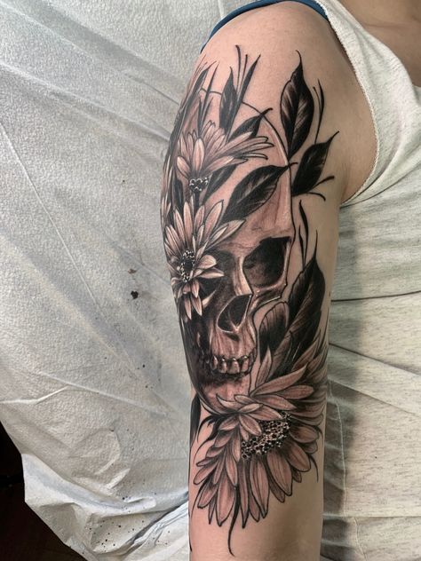 Skull Flower Shoulder Tattoo, Skeleton And Flowers Tattoo Sleeve, Skull Flower Mandala Tattoo, Flower Skull Tattoos For Women, Skull Rib Tattoo, Floral Skull Tattoos For Women, Pretty Skull Tattoos For Women, Feminine Skull Tattoos For Women, Female Skull Tattoo