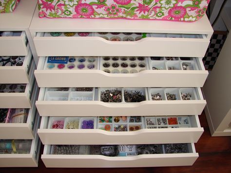 These cabinets are found at IKEA. They are part of the Alex series. I bought jewelry organizers and used those to sort my embellishments. Scrapbook Rooms, Jewelry Storage Cabinet, Scrapbooking Room, Organiser Son Dressing, Room Organisation, Scrapbook Storage, Ikea Alex, Dream Craft Room, Craft Room Design