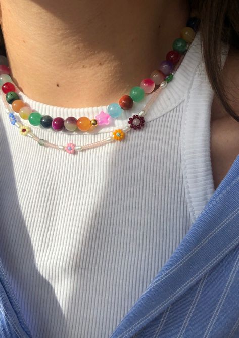 Beaded Necklace Colorful, Aesthetic Necklace Silver, Flora Necklace, Cincin Diy, Necklaces Colorful, Kalung Manik-manik, Jewellery Beads, Pola Manik, Accessory Inspo