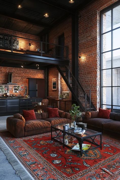 36 Industrial Living Room Design Ideas for Modern Home Decor | VIVA Brick And Black Interior, Dark Rustic Home Aesthetic, Home Decor Dark Aesthetic, Industrial Eclectic Living Room, Industrial Modern Apartment, Industrial Vintage Living Room, Dark Wood Apartment Aesthetic, Rustic New York Apartment, Industrial Academia Decor