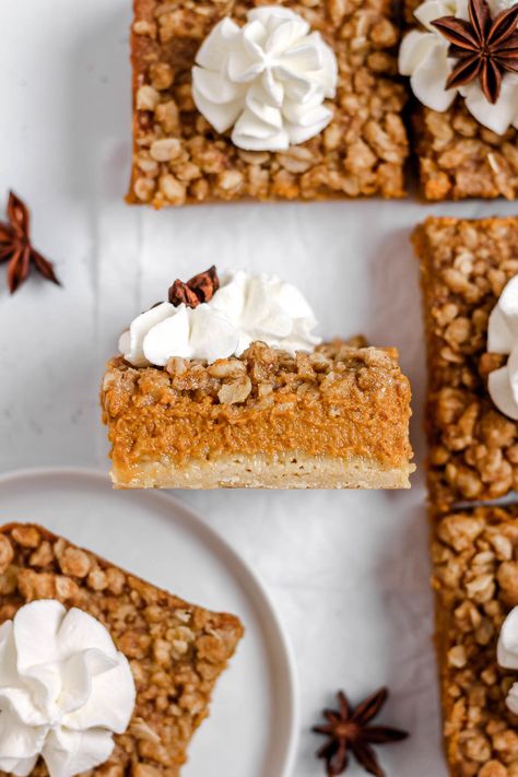 Pumpkin Pie Bars with Shortbread Crust | Baked Abundance Shortbread Crust Pumpkin Pie, Pumpkin Shortbread Bars, Best Pumpkin Desserts, Desserts For Fall, Autumnal Inspiration, Bars With Shortbread Crust, Cookie Crust Recipe, Oatmeal Crumble Topping, Apple Cake Recipe Easy