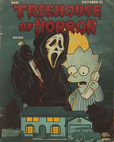 The Art Of Crow Phantom on Instagram: "It’s that time of year again! Here’s the next art piece to the “Treehouse of Horror” series for this year! Thank you all for the continuous support! Stay Spooky!🔪🎃 **Art Prints available Link in Bio** #halloweeneveryday #treehouseofhorror #simpsons #retro #vintage #vintagecomics #halloween #spooky #spookyseason #art #artist #comics #scream #ghostface" Simpsons Halloween Art, Horror Movie Comics, Classic Horror Art, Thank You Halloween, Spooky Cartoon Aesthetic, Treehouse Of Horror The Simpsons, Halloween Poster Aesthetic, The Simpson Halloween, Spooktober 2024