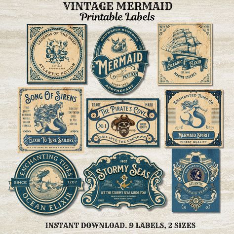 Mermaid Labels, Halloween Apothecary Labels, Halloween Potion Bottles, Halloween Apothecary, Apothecary Labels, Potion Labels, Etiquette Vintage, Free Vintage Printables, How To Make Stickers