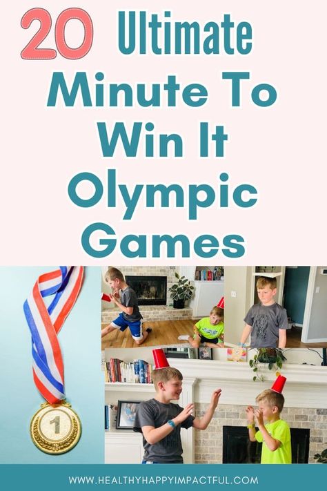 Olympic themed minute to win it party games for kids; easy; fun; funny; list; summer; winter Olympic Games For Nursing Home, Olympic Party Game, Olympic Office Games, Home Olympics Games, Olympics In The Classroom, At Home Olympic Games, Family Olympics Ideas, Mini Olympics Games, Fun Olympic Games For Kids