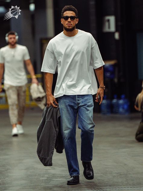 Devin Booker Outfits Summer, Dbook Fits, Devin Booker Style, Devin Booker Aesthetic, Booker Outfits, Devin Booker Outfits, League Fits, White Tees Outfit, Nba Style