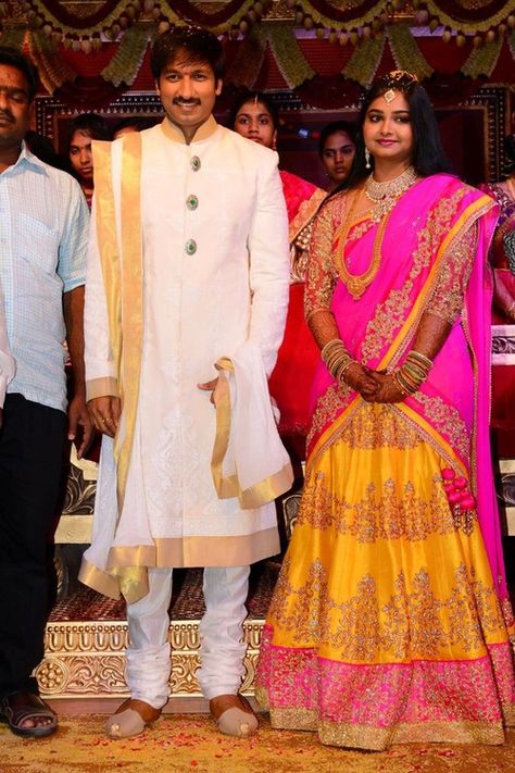 Gopichand's Wedding Reception Action Films, Mens Indian Wear, Wedding Kurta For Men, Indian Groom Wear, Lehenga Pattern, Kids Dress Collection, Marriage Dress, Couple Wedding Dress, Indian Wedding Couple Photography