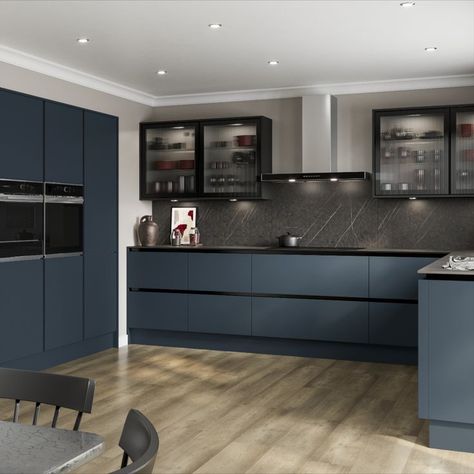 If you are looking for blue kitchen ideas or handleless kitchen ideas then check out our Hockley Super Matt Marine Blue Handleless Kitchen cabinets. Create a modern kitchen with our blue super matt kitchen cabinets. This handleless blue kitchen is the perfect addition to a contemporary home design. Pair with light oak kitchen flooring and a dark marble quartz worktop. Blue Colour Kitchen Cabinets, Petrol Blue Kitchen Cabinets, Ink Blue Kitchen, Modern Blue Kitchen Design, Dark Colour Kitchen Ideas, Handless Kitchen Cabinets Modern, Howdens Marine Blue Kitchen, Modern Kitchen Blue Cabinets, Two Colour Kitchen Units