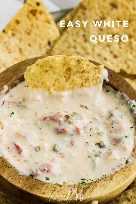 This Easy White Queso Dip is made with three kinds of cheese. It's spicy, creamy, and will become a new family favorite! #cheese #dip #TexMex #recipe Easy White Queso Dip, Easy White Queso, Dip Recipies, Dip Night, Spicy Queso Dip, Queso Dip Crockpot, White Queso Dip Recipe, Texmex Recipes, White Queso Recipe