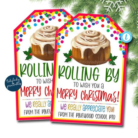 "Christmas Cinnamon Roll Appreciation gift tags! * All text is editable so personalize how you wish These cute holiday appreciation thank you gift tags are perfect for using for so many people/events in your life.  Use for pto groups, teachers, staff, coworkers, employees, volunteers, nurses and more   TEMPLATE FORMATTED SIZES: size of tag is 2.75x4\"  print 8 per page by going to download - pdf - click on \"save paper\" IMPORTANT: This is a DIY self-editing digital, printable product - I do not December Employee Appreciation Ideas, Christmas Gift Ideas For School Staff, Christmas Snack Cart For Teachers, Teacher Christmas Luncheon Ideas, Volunteer Christmas Gift Ideas, Christmas Volunteer Appreciation Gifts, December Staff Appreciation Ideas, December Teacher Appreciation Ideas, Christmas Teacher Appreciation Ideas