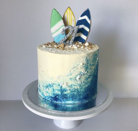 #cakes #food #blue #surfer #birthday #boy #21 #waves Surfboard Cake, Surfer Cake, Surfer Birthday, Surf Cake, Surf Birthday Party, Wave Cake, Surf Birthday, Beach Themed Cakes, 18th Cake