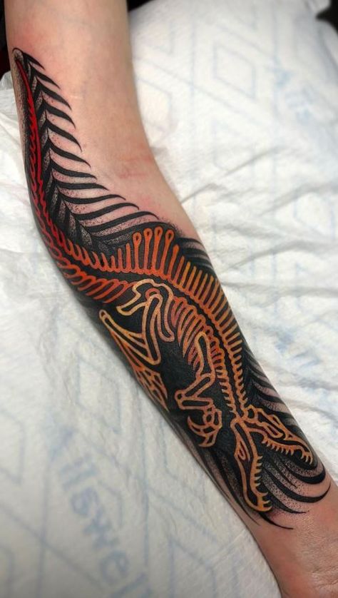 Otis Driftwood Tattoo, Cool Arm Sleeve Tattoos, Dinosaur Leg Sleeve Tattoo, Dinosaur Tattoo Men, Dino Fossil Tattoo, Deinonychus Tattoo, Dinasour Tattoo Men, Cool Dinosaur Tattoos, Dinosaur Jaw Knee Tattoo