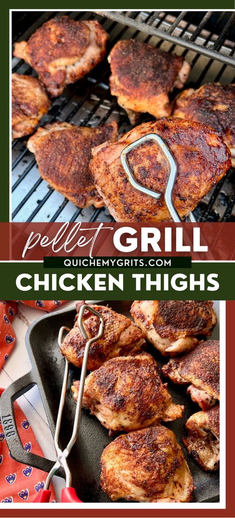 Two graphics depicting pellet grill chicken thighs. Pellet Grill Chicken Legs, Traeger Chicken Thighs, Pellet Grill Chicken, Traeger Smoked Chicken, Pellet Grilled Chicken, Smoked Chicken Thighs, Traeger Chicken, Grilled Chicken Legs, Traeger Grill Recipes