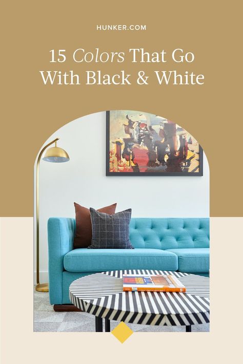 Whether you want to add a bit of drama to your black and white bathroom or you have dreams of warming up your monochrome living room, we invite you to consider the following color ideas. #hunkerhome #wallcolorideas #wallcolors #blackandwhitedecor Black And White Interiors With Pop Of Colour, Adding Color To Black And White Room, White Rooms With Pops Of Color, What Colors Go With Black And White, Accent Color For Black And White, Black And White Bathroom With Color Pop, Black And White With Pop Of Color Decor, Colors That Compliment Grey, White Color Combinations